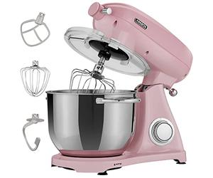 Arebos Robot Pâtissier Professionnel 1800W Retro | Rose | Faible Bruit | Robot de Cuisine Multifonction avec Fouet, Batteur, Crochet | Bol d'Acier Inoxydable 6 Litres | 6 Vitesses