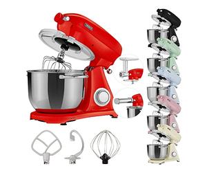 Arebos Robot Pâtissier Professionnel 1800W Retro | Rouge | Faible Bruit | Robot de Cuisine Multifonction avec Fouet, Batteur, Crochet | Bol d'Acier Inoxydable 6 Litres | 6 Vitesses