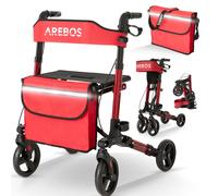 AREBOS Rollateur léger, déambulateur, réglable en hauteur sur 6 positions, assise confortable, porte-canne, sac à provisions amovible, pliable, rouge