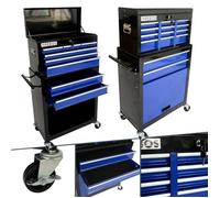 AREBOS Servante d’atelier 9 tiroirs | Coffre à outils mobile verrouillable | Acier robuste | Roues avec frein - Noir/Bleu