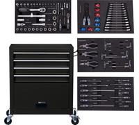 AREBOS Chariot d'atelier avec 4 Compartiments | 4 tiroirs à roulement à Billes avec 81 pièces d'outils | équipé de Tapis antidérapants | 2 roulettes avec Frein de Blocage | Noir