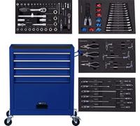AREBOS Servante d'atelier 4 Compartiments | 4 tiroirs à roulement à Billes avec 81 pièces d'outils | Chariot à Outils | 2 roulettes avec Frein de stationnement | Bleu
