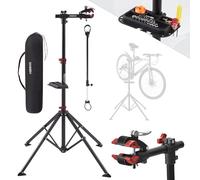AREBOS Support de montage de vélo professionnel pour réparation de vélos, VTT, vélo électrique, support de montage pour charges lourdes, support de vélo + sac avec dispositifs de libération rapide,