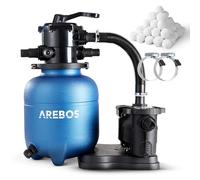 AREBOS Système de Filtre à Sable avec Pompe 350 W + 600 g de balles de Filtre | Bleu | 9500 L/h | Capacité du réservoir jusqu'à 20 kg de Sable | Filtres de Piscine | Vanne à 7 Voies avec poignée