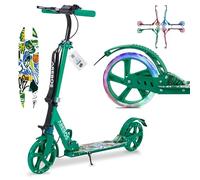 AREBOS Trottinette de ville trottinette verte réglable en hauteur pliable sangle incluse roues à LED frein de pédale à main
