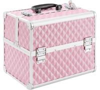 AREBOS Valise cosmétique | 15L | 5 compartiments | Aluminium | Motif diamant | serrure&clé incluse | 2 étages dépliables | 32 x 27 x 22 cm | Rose