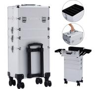 AREBOS Valise cosmétique 4 en 1, 4 compartiments et 1 tiroir, poignée télescopique et portable, 8 serrures, 4 roues 360°, doublure en velours, argenté