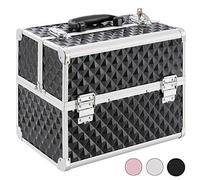 Arebos Valise de Maquillage | 15L | 5 Compartiments | Aluminium | Motif Diamant | Serrure et clé incluses | 2 étagères Pliantes | Revêtement en Velours | Noir
