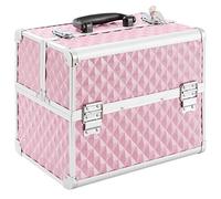 Arebos Valise de Maquillage | 15L | 5 Compartiments | Aluminium | Motif Diamant | Serrure et clé incluses | 2 étagères Pliantes | Revêtement en Velours | Rose
