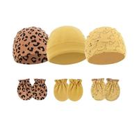 Arecobticy Lot de 3 bonnets confortables pour nouveau-nés avec moufles assorties anti-rayures pour bébés de 0 à 6 mois Chapeau et gants pour nouveau-nés, Set 4, Taille unique