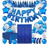 Areebz Lot de 82 décorations de fête d'anniversaire bleues en latex avec confettis en forme d'étoile, de cœur, de ballons, de pompons, pour garçons et hommes