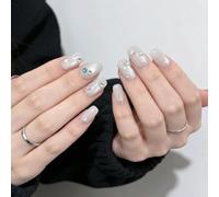 ARELIMOOD EC1Os Lot de 10 faux ongles press-on faits à la main, blancs, œil de chat avec lignes bleues, courts, ronds, pour usage quotidien, réutilisables