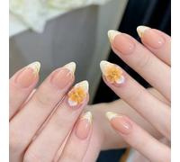 ARELIMOOD EP1Am Lot de 10 faux ongles à presser faits à la main - Orange French - Avec ornement - Pointe courte - Réutilisables