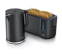 Arendo - Bouilloire avec set grille-pain, acier inoxydable, noir, bouilloire 1,5L, 40° 100°C, fonction maintien au chaud, grille-pain, 4 tranches, affichage LED, 6 degrés de brunissage, étagère à pain