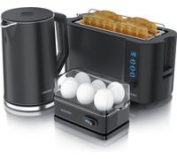 Arendo Breakfast Set Bouilloire 1,5l, Grille-pain 4 tranches, Cuiseur d'oeufs à 6 compartiments, Noir