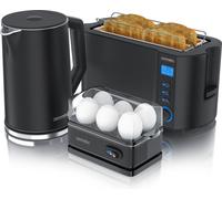 Arendo Breakfast Set Bouilloire 1,5l, Grille-pain 4 tranches, Cuiseur d'oeufs à 6 compartiments, Noir
