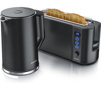 Arendo Breakfast Set, Bouilloire avec réglage de la température, acier inoxydable, 2200W, 1,5L + Grille-pain 2 disques, Grille-pain à fentes longues 2 disques, fentes longues, 1000W, noir