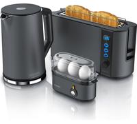 Arendo Breakfast Set Grille-pain 2 disques, Grille-pain à fentes longues 1000W, Bouilloire avec réglage de la température 1,5l, Cuiseur d'œufs 3 œufs, Cool Grey