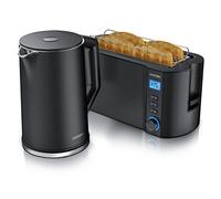 arendo Ensembles Bouilloire et Grille-Pain en Set Bouilloire en INOX 1,5L 40°-100°C, Grille-Pain Manha 4 Tranches Ecran LED 6 Niveaux de brunissage Support viennoiserie Grille Pain, Noir