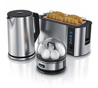Arendo Ensembles Bouilloire et grille-pain et cuiseur à oeufs Bouilloire en inox 1,5L 40°-100°C, Toaster 4 Tranches Ecran LED 6 niveaux de brunissage, Cuiseur à oeufs 1-7 oeufs, Verre doseur, Gris