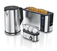 arendo Ensembles Bouilloire et Grille-Pain et cuiseur à Oeufs, Bouilloire en INOX 1,5L 40°-100°C, Toaster 2 Tranches, Ecran LED 6 Niveaux de brunissage Cuiseur à Oeufs 1-3 Oeufs, Verre doseur