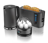 arendo Ensembles Bouilloire et Grille-Pain et cuiseur à Oeufs Bouilloire en INOX 1,5L 40°-100°C Toaster 2 Tranches Ecran LED 6 Niveaux de brunissage Cuiseur à Oeufs 1-7 Oeufs, Verre doseur Cool Grey