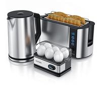 Arendo Ensembles Bouilloire et grille-pain et cuiseur à oeufs Bouilloire en inox 1,5L 40°-100°C, Toaster 4 Tranches Ecran LED 6 niveaux de brunissage, Cuiseur à oeufs 1-6 oeufs, Verre doseur Gris