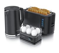 arendo Ensembles Bouilloire et Grille-Pain et cuiseur à Oeufs Bouilloire en INOX 1,5L 40°-100°C, Toaster 4 Tranches Ecran LED 6 Niveaux de brunissage, Cuiseur à Oeufs 1-6 Oeufs, Verre doseur Noir