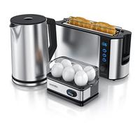 Arendo Ensembles Bouilloire et grille-pain et cuiseur à oeufs Bouilloire en inox 1,5L 40° à 100°C Grille-pain 2 Tranches Ecran LED 6 niveaux de brunissage Cuiseur à oeufs 1-6 oeufs Verre doseur Gris