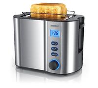 arendo Grille-Pain 2 Tranches Compact, Petit Toaster INOX 800 W avec Écran LCD Éclairé, 6 Niveaux de Brunissage, Décongélation et Réchauffage, Support Viennoiseries Intégré - Gris