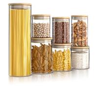 arendo Set de 7 Récipients en Verre Hermétique Rond, Tailles de 8,5 x 10 cm à 10 x 30 cm, 0,56 à 2,35 litres, Verre borosilicate Boîte Conservation Alimentaire, Couvercle en Bambou, Joint en silicone