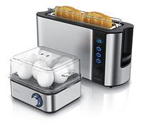Arendo Set Ensembles grille-pain FRUKOST et cuiseur à oeufs EIGHTCOOK Inox Gris, Toaster 2 tranches écran LED 6 degrés de brunissage support viennoiserie, Cuiseur à oeufs 1-8 oeufs verre doseur