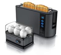 Arendo Set Ensembles grille-pain FRUKOST et cuiseur à oeufs SIXCOOK Inox Cool Grey, Toaster 2 tranches écran LED 6 degrés de brunissage support viennoiserie Cuiseur à oeufs 1-6 oeufs verre doseur