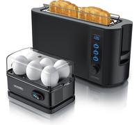 Arendo - SET Grille-pain FRUKOST avec cuiseur à oeufs SIXCOOK acier inoxydable noir, Grille-pain 2 disques, écran LED, 6 degrés de brunissage, support à petits pains - Cuiseur à oeufs 1-6 oeufs, verre