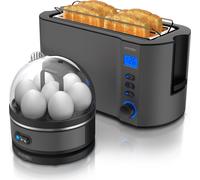 Arendo - SET Grille-pain MANHA avec cuiseur à oeufs SEVENCOOK Acier inoxydable gris, Grille-pain 4 disques, écran LED, 6 degrés de brunissage, support à petits pains - Cuiseur à oeufs 1-7 oeufs, verre