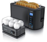 Arendo - Set grille-pain MANHA avec cuiseur à oeufs SIXCOOK inox noir, grille-pain 4 tranches, écran LED, 6 degrés de brunissage, support à petits pains - cuiseur à oeufs 1-6 oeufs, verre doseur