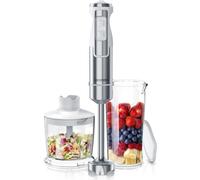 Arendo Set mixeur plongeant 1000W acier inoxydable, Pied à purée, Mixeur, Pied à mixer, Gobelet à mixer, 2 vitesses, Gobelet gradué inclus, Hachoir, Argent/Blanc
