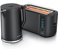 Arendo Set petit-déjeuner 2 pièces, Bouilloire en acier inoxydable ELEGANT 1,5l, Grille-pain 4 tranches à fentes longues, Noir