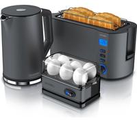 Arendo Set petit déjeuner 3 pièces, bouilloire ELEGANT 1,5l, grille-pain 4 tranches, cuiseur à oeufs 6 pièces, Gris