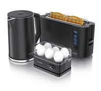 Arendo Set Petit Déjeuner : Ensemble Bouilloire Grille Pain et Cuiseur à Œufs, Bouilloire Électrique Température Réglable 40-100°C Inox 1,5 L 2 000 W, Grille-Pain 2 Tranches, Cuiseur 6 Œufs, Noir