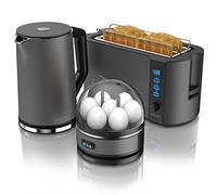 Arendo Set Petit Déjeuner : Ensemble Bouilloire Grille Pain et Cuiseur à Œufs, Bouilloire Électrique Température Réglable 40-100°C Inox 1,5 L 2 000 W, Grille-Pain 4 Tranches, Cuiseur 7 Œufs, Cool Grey