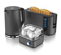 Arendo Set Petit Déjeuner : Ensemble Bouilloire Grille Pain et Cuiseur à Œufs, Bouilloire Électrique Température Réglable 40-100°C Inox 1,5 L 2 000 W, Grille-Pain 2 Tranches, Cuiseur 8 Œufs, Cool Grey