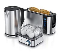 Arendo Set Petit Déjeuner : Ensemble Bouilloire Grille Pain et Cuiseur à Œufs, Bouilloire Électrique Température Réglable 40-100°C Inox 1,5 L 2 000 W, Grille-Pain 2 Tranches, Cuiseur 8 Œufs, Gris