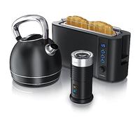 arendo Set Petit Déjeuner : Ensemble Bouilloire Grille Pain et Mousseur à Lait, Bouilloire Électrique Vintage INOX 1,7 L 2 200 W, Grille-Pain 2 Tranches 1 000 W Écran LED, Mousseur Électrique, Noir