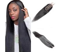 Arenshxc Cheveux humains brésiliens raides avec fermeture en dentelle 100 % cheveux humains non traités 5,1 x 15,2 cm, couleur noire naturelle, cheveux mouillés et ondulés, couleur naturelle, 40,6 cm