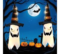 Arespark Décoration Halloween Extérieur Interieur, 2 PCS Fantômes Suspendre avec Chapeau de Sorcière, Decoration Fantôme Halloween avec LED à 3 Modes, pour Cour, Arbre, Pelouse, Fête de Jardin