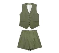 ARESU Ensemble Blazer et Gilet de Couleur Unie pour Femme, col en V, Veste à Simple Boutonnage, Ligne A, Fermeture éclair, Short décontracté, Ensemble Basique, Costume Vert armée, S