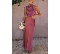 ARESU Ensemble de Jupe sans Manches en Satin de fête à Licou de Haute qualité à la Mode élégante célébrité boléro Jupe trapèze Ensemble Deux pièces pour Femme-Rose Rouge-M