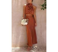 ARESU Ensemble de Jupe sans Manches en Satin de fête Dos Nu de Haute qualité à la Mode élégante célébrité boléro Jupe trapèze Ensemble Deux pièces pour Femme-Marron foncé-L