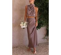 ARESU Ensemble de Jupe sans Manches en Satin de fête Dos Nu de Haute qualité à la Mode élégante célébrité boléro Jupe trapèze Ensemble Deux pièces pour Femme-Violet-S